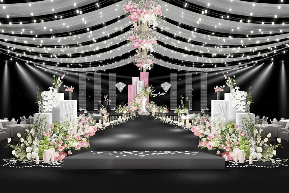 韩式白绿粉色布幔水晶吊顶秀场风浪漫小众婚礼图PSD设计素材-婚礼素材网