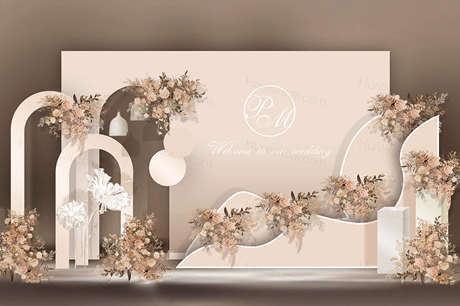 香槟色唯美泰式婚礼背景设计效果图婚庆迎宾区喷绘PSD源素材-婚礼素材网