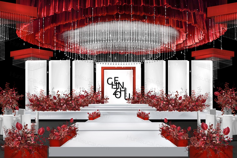 红白色喜庆秀场风格婚礼设计效果图素材psd源文件-婚礼素材网