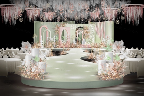 粉绿色粉红色小清新法式高端婚礼设计舞台效果图背景素材psd-婚礼素材网