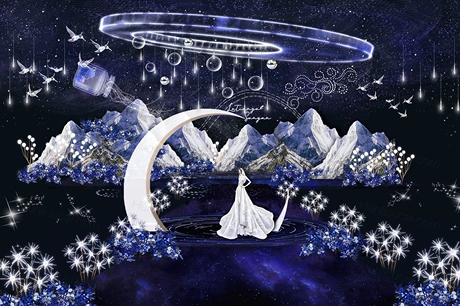 蓝色梦幻星空婚礼效果图户外婚礼迎宾舞台区背景设计素材psd-婚礼素材网