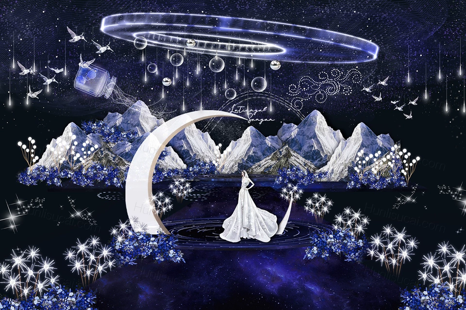 蓝色梦幻星空婚礼效果图户外婚礼迎宾舞台区背景设计素材psd-婚礼素材网