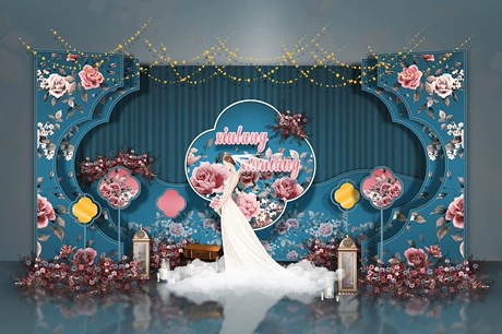 蓝色粉色牡丹花朵新中式中国风婚礼设计婚庆效果图舞台背景素材-婚礼素材网