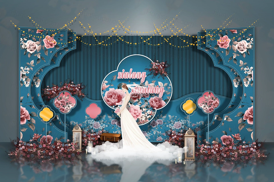 蓝色粉色牡丹花朵新中式中国风婚礼设计婚庆效果图舞台背景素材-婚礼素材网