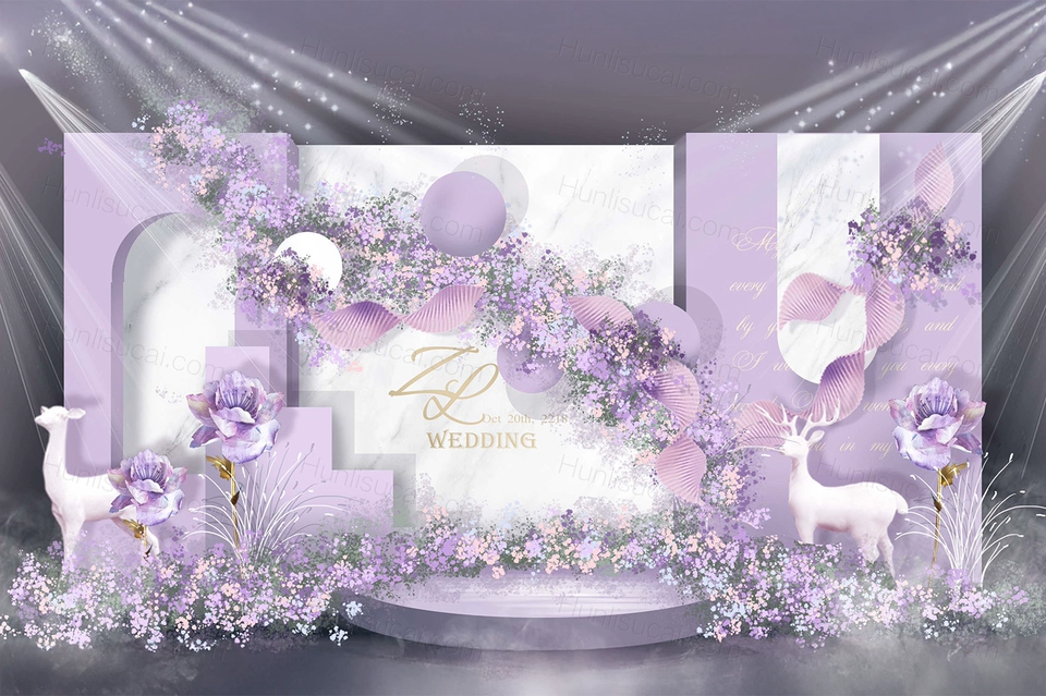 紫色白色浪漫温馨高端西式婚礼设计婚庆背景方案布置素材效果图-婚礼素材网
