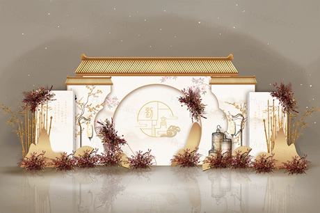 香槟色古典中式屋檐庭院风格婚礼设计舞台效果图背景素材psd-婚礼素材网