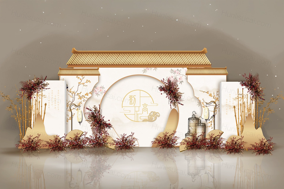 香槟色古典中式屋檐庭院风格婚礼设计舞台效果图背景素材psd-婚礼素材网