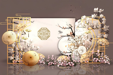 粉色中式工笔画玉兰花背景婚礼婚庆设计素材PS源文件喷绘制作-婚礼素材网