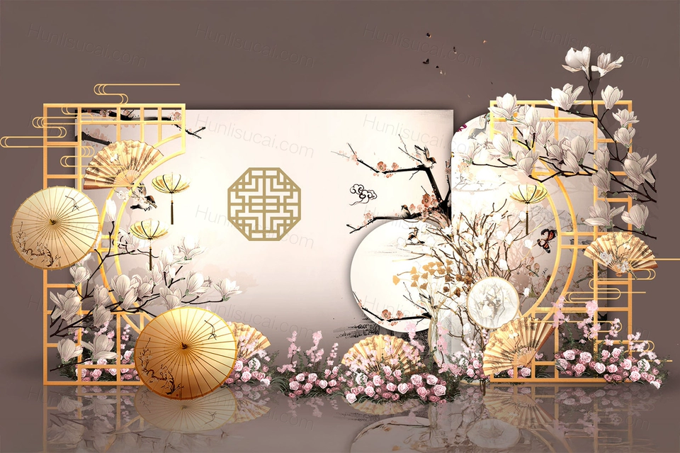 粉色中式工笔画玉兰花背景婚礼婚庆设计素材PS源文件喷绘制作-婚礼素材网