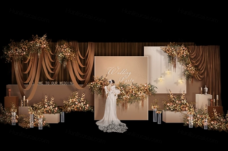 秋色咖色莫兰迪小众婚礼效果图布幔弧度形造型背景素材PSD源文件-婚礼素材网