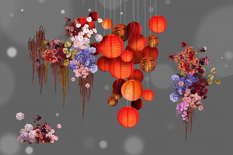 婚礼效果图新中式红色花艺ps素材灯笼竹篾竹椅青花瓷小众艺术-婚礼素材网