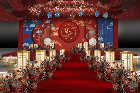 红色中式婚礼仿古屋檐龙凤祥云吊顶素材舞台背景效果图喷绘制作PSD-婚礼素材网