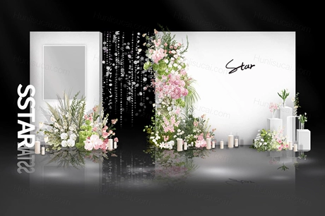 韩式白绿粉色布幔水晶吊顶秀场风浪漫小众婚礼图PSD设计素材-婚礼素材网