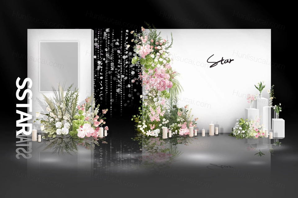 韩式白绿粉色布幔水晶吊顶秀场风浪漫小众婚礼图PSD设计素材-婚礼素材网