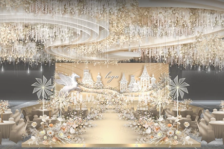 香槟色简约城堡背景婚礼设计舞台展示区风车路引效果图素材psd-婚礼素材网