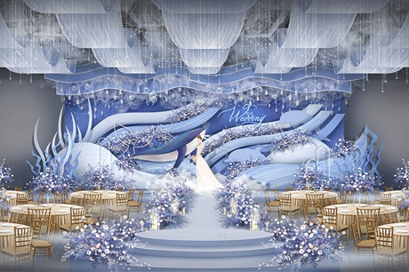 蓝色海洋风格海底世界鲸鱼水草婚礼设计婚庆效果图背景方案素材-婚礼素材网