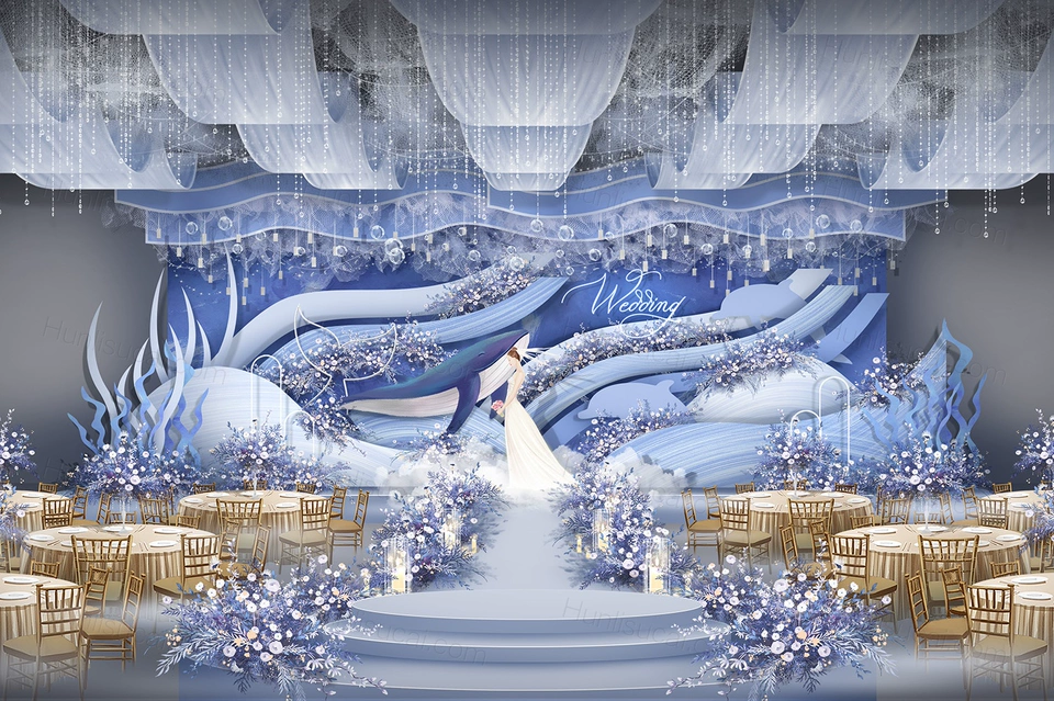 蓝色海洋风格海底世界鲸鱼水草婚礼设计婚庆效果图背景方案素材-婚礼素材网