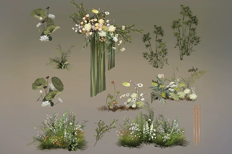 婚礼手绘图新中式绿色荷花竹子花艺婚庆道具装饰PSD设计素材-婚礼素材网