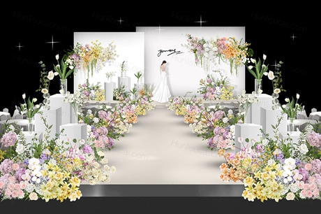 韩式简约黄白紫色彩色花艺婚礼效果图psd分层设计素材源文件-婚礼素材网