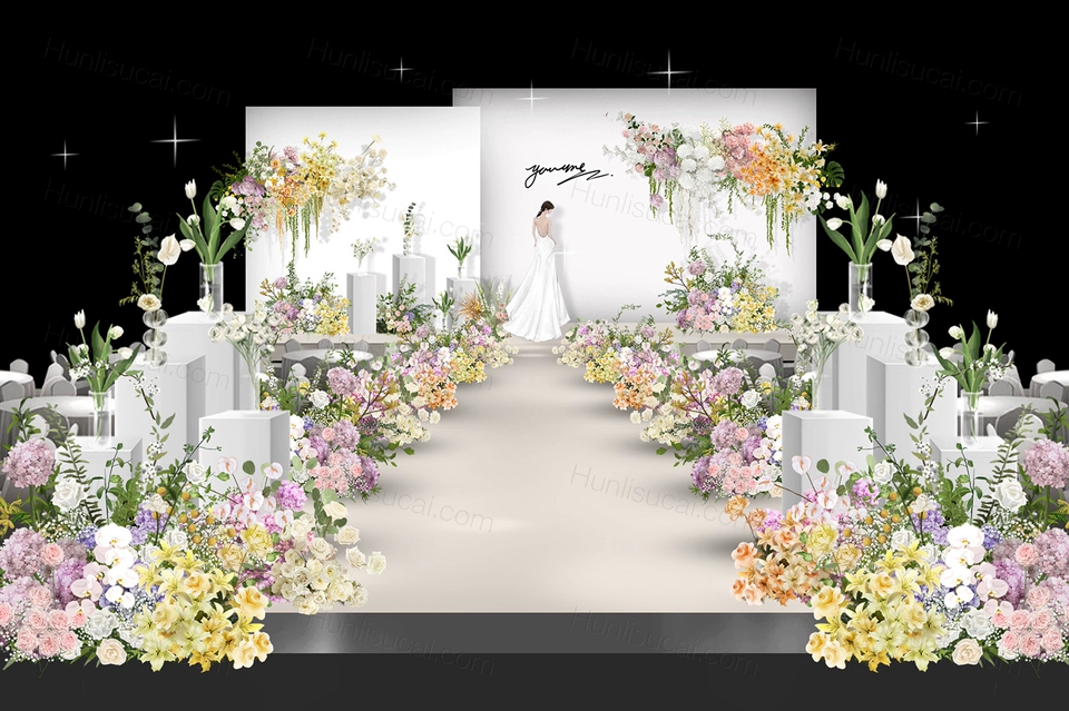韩式简约黄白紫色彩色花艺婚礼效果图psd分层设计素材源文件-婚礼素材网