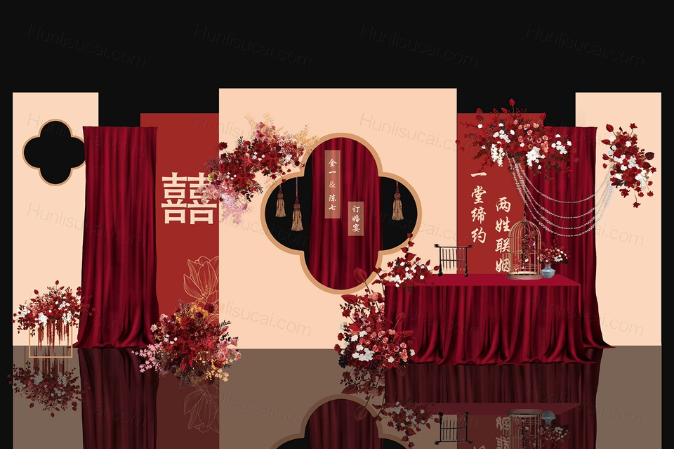 小红书红色香槟撞色喜字新中式订婚宴效果图婚礼迎宾背景素材婚礼-婚礼素材网