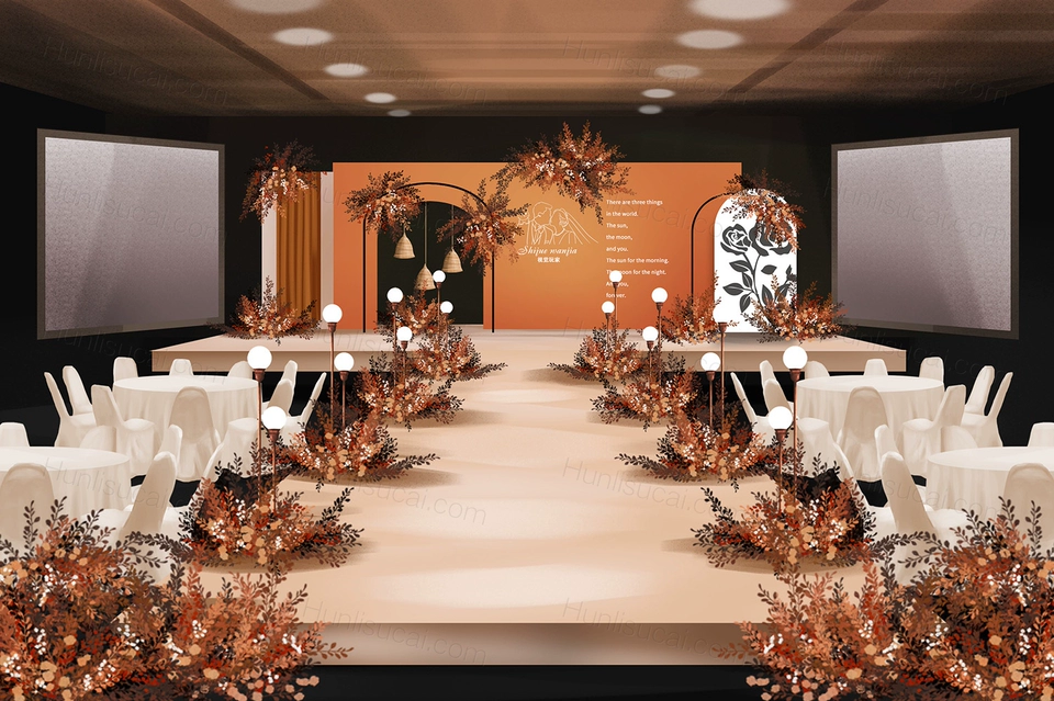 橘色秋色INS简约泰式婚礼设计婚庆舞台效果图背景方案素材-婚礼素材网