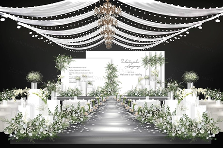 白绿色韩式吊顶简约婚礼手绘效果图素材分层设计制作psd源文件-婚礼素材网