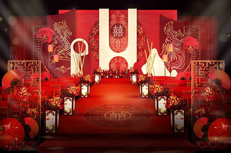 红色龙凤新中式婚礼效果图设计PS源文件素材KT喷绘制作背景-婚礼素材网