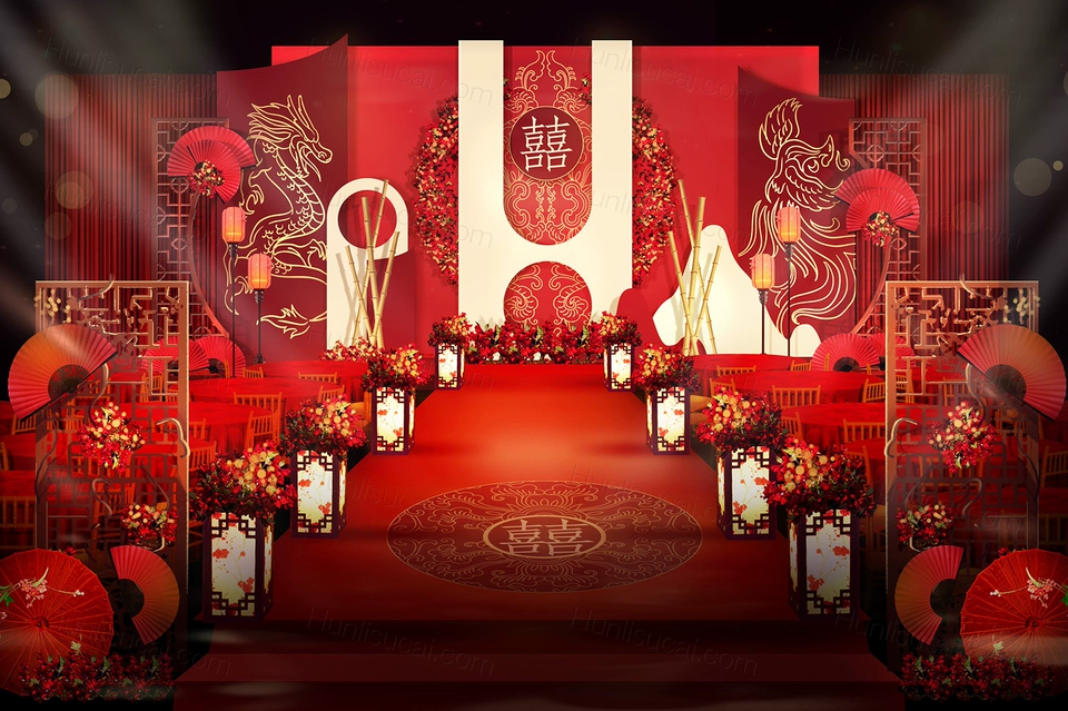 红色龙凤新中式婚礼效果图设计PS源文件素材KT喷绘制作背景-婚礼素材网