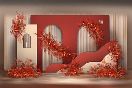 红色香槟色2021新中式婚礼设计舞台展示区背景喷绘ps素材-婚礼素材网