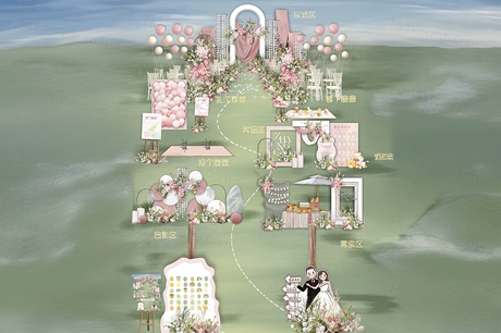 粉色户外游园会草坪婚礼设计效果图仪式区游戏区零食区素材psd-婚礼素材网