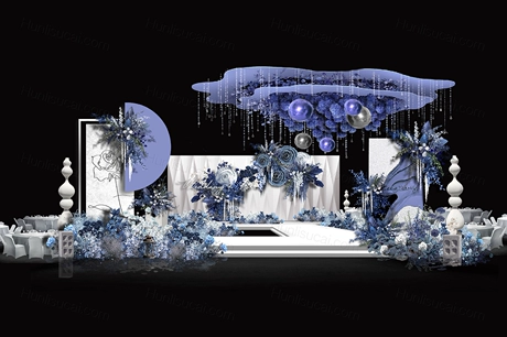 蓝白色婚礼背景效果图PSD分层文件蓝色双层造型吊顶道具婚礼-婚礼素材网