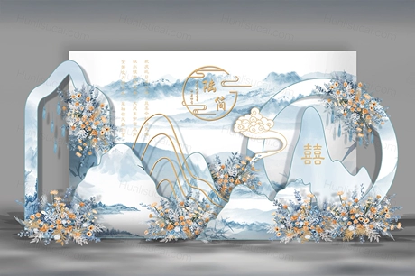 白色蓝色水墨国画中国画中国风新中式婚礼设计效果图素材psd-婚礼素材网