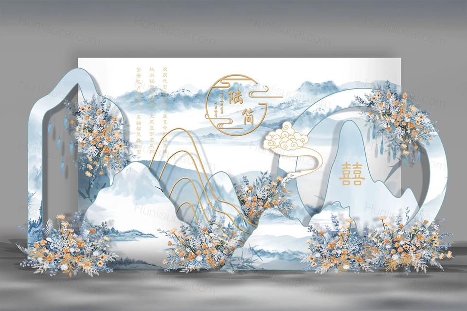 白色蓝色水墨国画中国画中国风新中式婚礼设计效果图素材psd-婚礼素材网