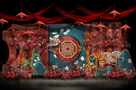 红色蓝色新中式婚礼设计婚庆效果图背景素材psd源文件-婚礼素材网