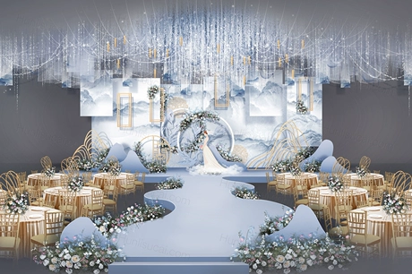 雾霾蓝新中式山水国画背景婚礼设计婚庆舞台展示区效果图素材-婚礼素材网