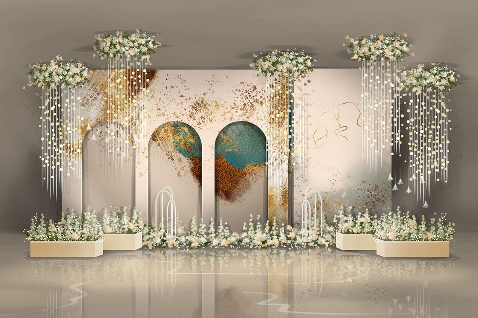 香槟色西式水彩鎏金背景婚礼设计婚庆效果图舞台展示区背景素材-婚礼素材网