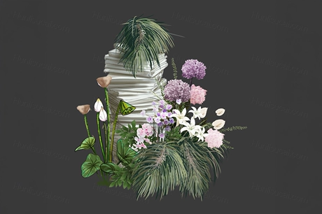 中式纸墩荷花紫色花艺松针小景组合婚礼手绘道具素材PSD文件-婚礼素材网