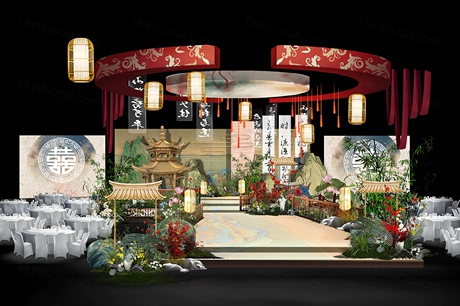 新中式青绿婚礼手绘内含PS图文件格式分层效果图素材婚礼psd-婚礼素材网