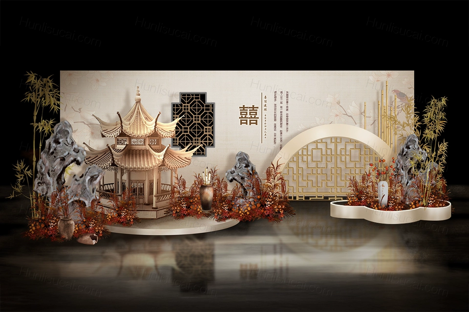 香槟色古典新中式国潮风格婚礼设计效果图素材psd源文件-婚礼素材网