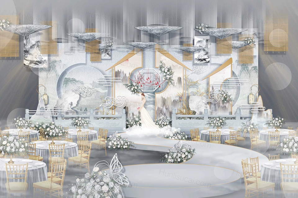 雾霾蓝中国画背景传统新中式婚礼设计婚庆效果图背景方案素材-婚礼素材网