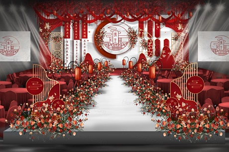 红白色新中式喜庆婚礼设计效果图舞台展示区背景喷绘素材psd-婚礼素材网