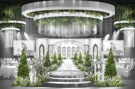 婚礼效果图白绿小香风水晶元素主舞台素材PSD分层源文件设计超值-婚礼素材网