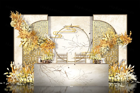 香槟色古典新中式传统婚礼设计舞台效果图背景方案素材psd-婚礼素材网