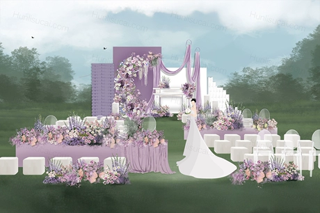 户外紫色婚礼效果图高级感布艺婚礼效果图仪式区签到区婚礼-婚礼素材网