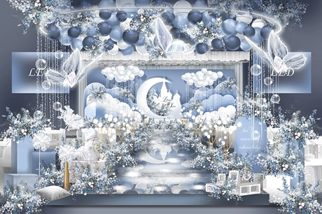 蓝白色月亮城堡梦幻高端简约风格婚礼设计舞台效果图素材psd-婚礼素材网