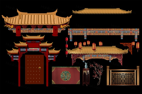 中式屋檐后期元素故宫灯笼婚礼效果图高清psd素材文件婚庆道具库-婚礼素材网