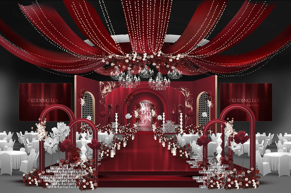 酒红色喜庆小香风婚礼设计效果图背景方案喷绘PSD素材源文件-婚礼素材网
