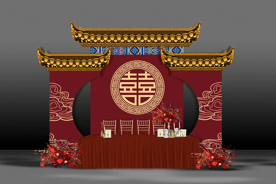 红色喜庆屋檐大喜背景古典婚礼设计舞台效果图背景方案素材psd-婚礼素材网