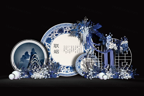 克莱因蓝婚礼效果图青花瓷山水手绘屏风PSD平面设计素材源文件-婚礼素材网